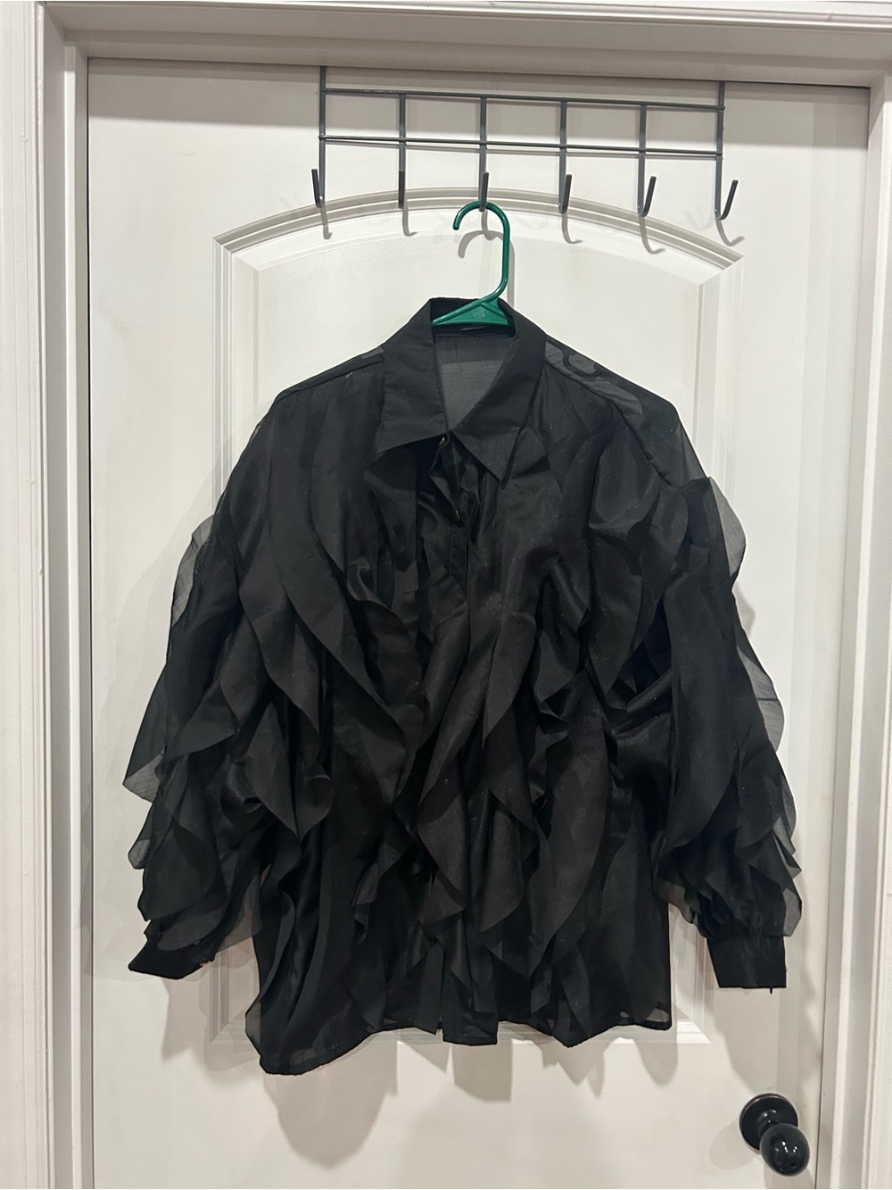 Sheer Black Ruffle Button-Up Blouse